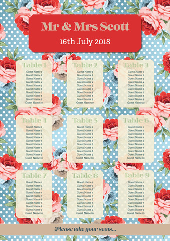 Red & Blue Floral Table Plan